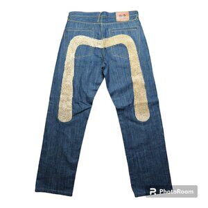 Evisu No 2 Lot 0001 Jeans Tag Size 36 Gold Embroidered Button Fly Blue Denim